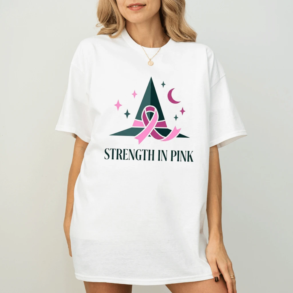Strength In Pink Halloween Witch Hat Breast Cancer Awareness T-shirt| Pink Ribbon Gift for Her - back view