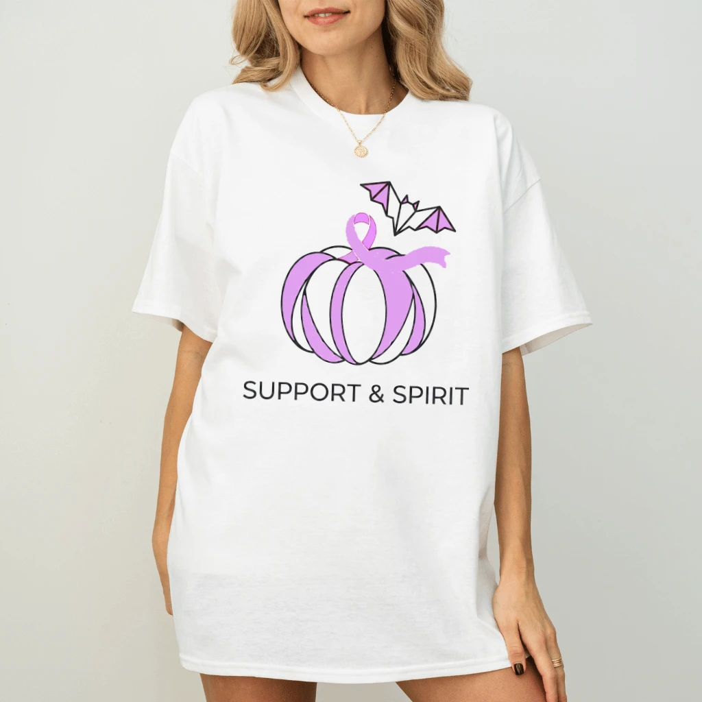 Support & Spirit Breast Cancer Awareness T-shirt| Pink Pumpkin Bat Halloween Gift for Her - back view