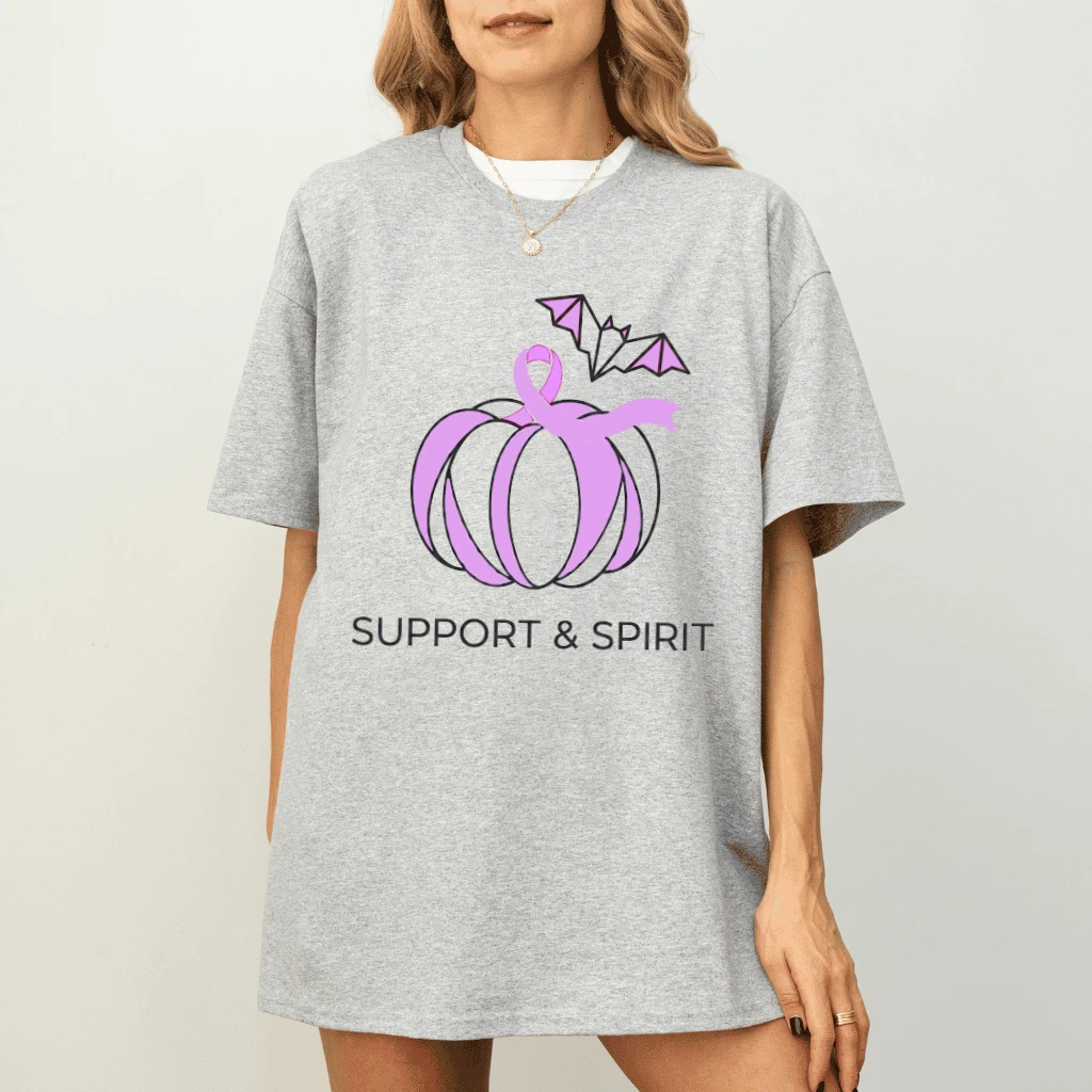 Support & Spirit Breast Cancer Awareness T-shirt| Pink Pumpkin Bat Halloween Gift for Her - detail view