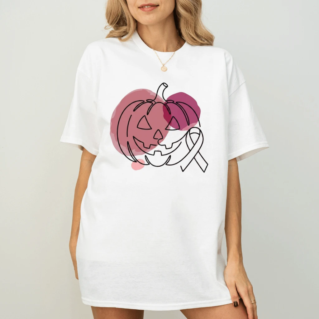 Watercolor Jack O Lantern Pink Ribbon T-shirt| Breast Cancer Awareness Halloween Gift for Her - back view