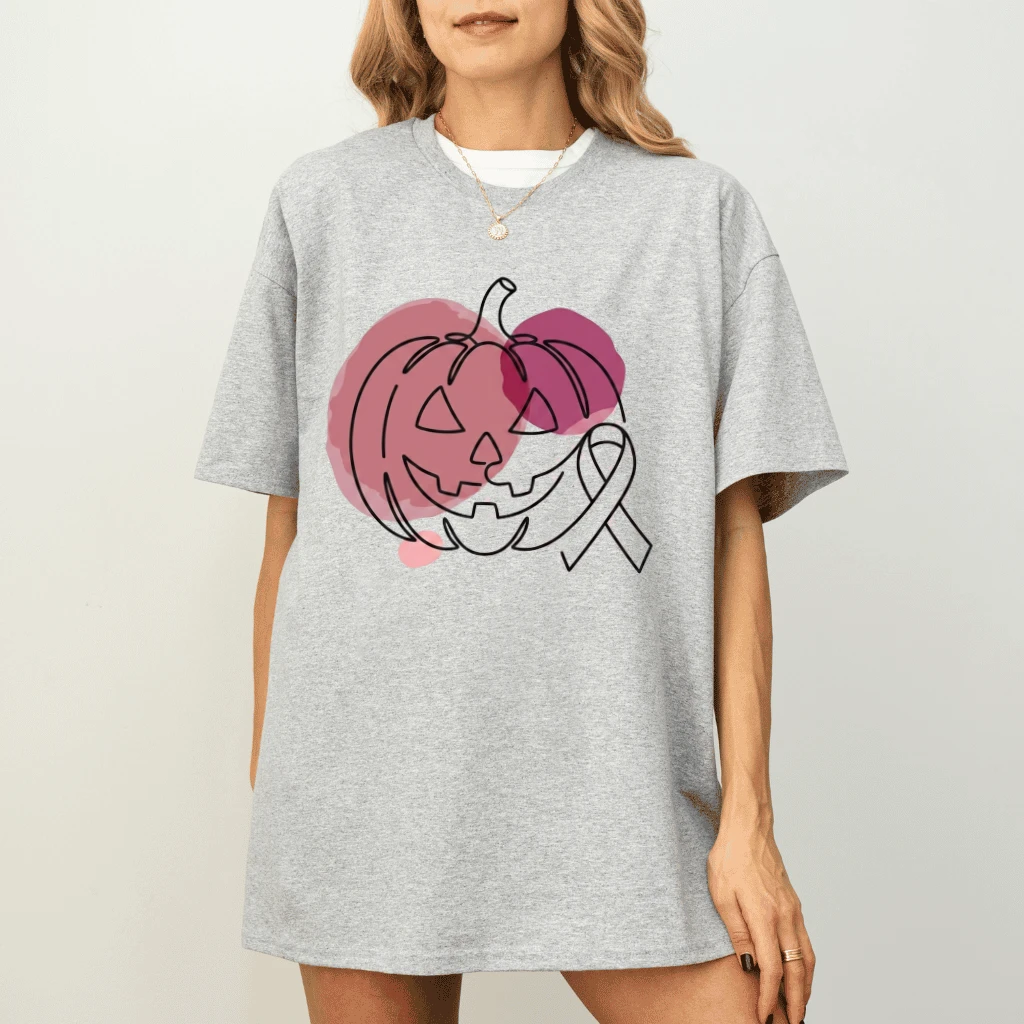 Watercolor Jack O Lantern Pink Ribbon T-shirt| Breast Cancer Awareness Halloween Gift for Her - detail view