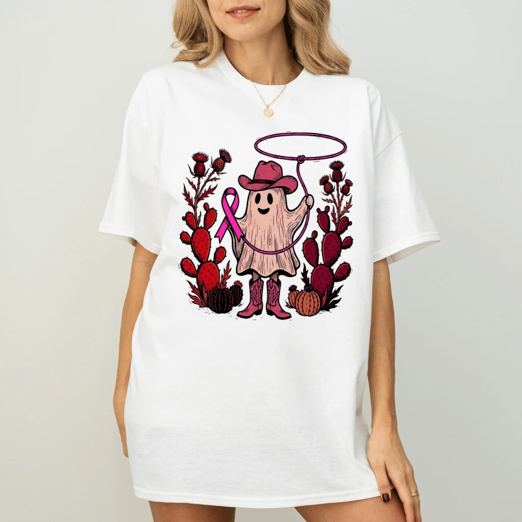 Western Cowgirl Boo Halloween T-shirt| Pink Ribbon Halloween Ghost Gift for Breast Cancer Fighter - back view