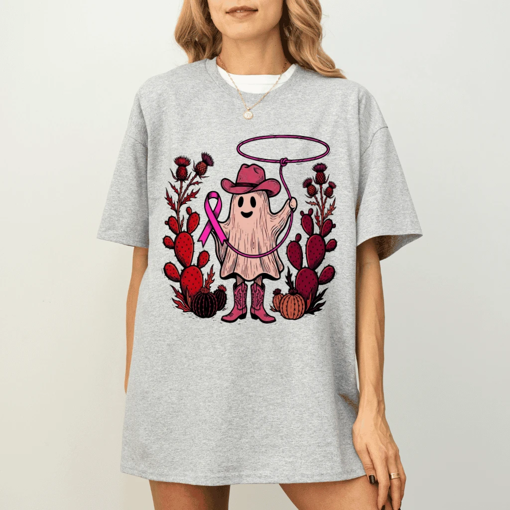 Western Cowgirl Boo Halloween T-shirt| Pink Ribbon Halloween Ghost Gift for Breast Cancer Fighter - detail view
