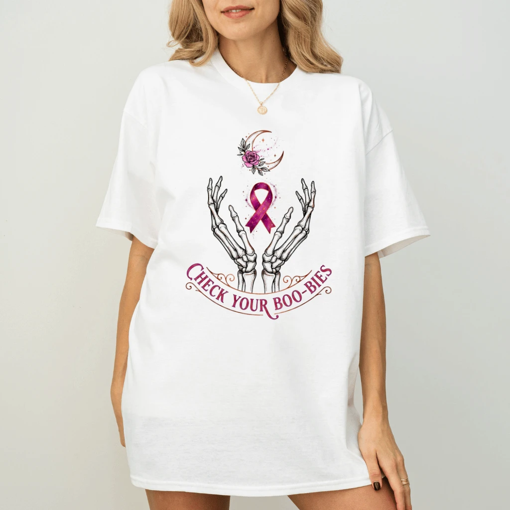 Check Your Boo-bies Halloween Skeleton Pink Ribbon T-shirt| Breast Cancer Awareness Halloween Gifts for Her - back view
