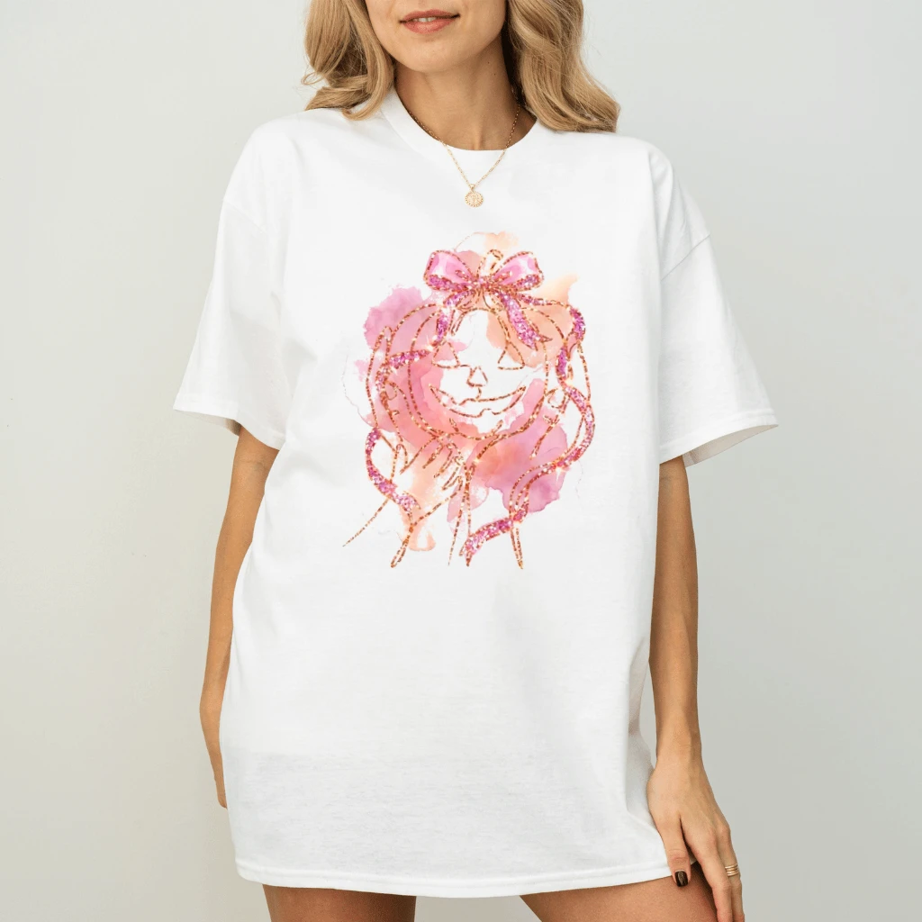 Coquette Pink Glitter Pumpkin Breast Cancer Awareness Halloween T-shirt | Cute Halloween Gift for Her - back view