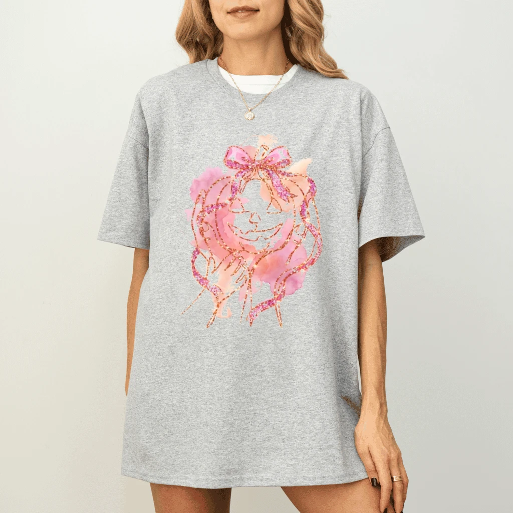 Coquette Pink Glitter Pumpkin Breast Cancer Awareness Halloween T-shirt | Cute Halloween Gift for Her - detail view