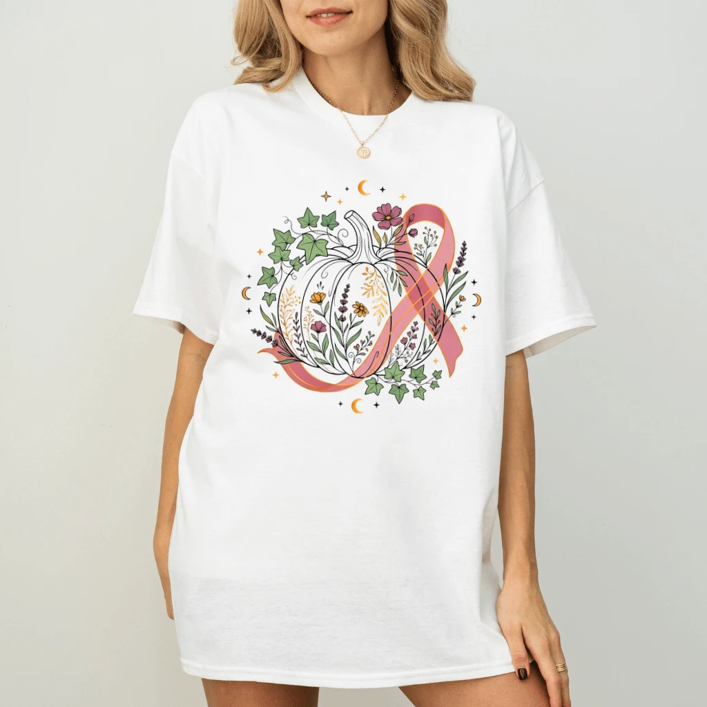 Pink Ribbon Fall Pumpkin Breast Cancer Awareness T-shirt | Funny Halloween Gift for Women - back view