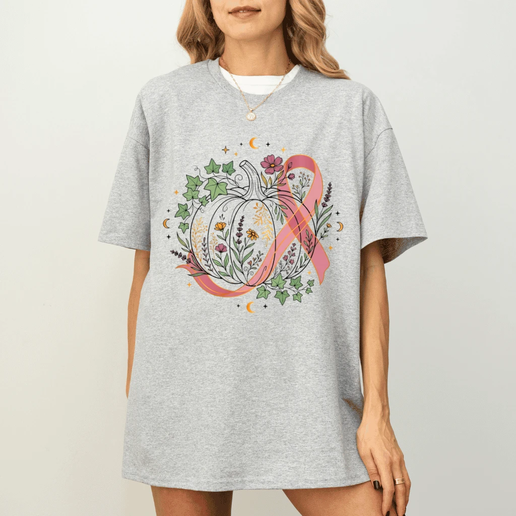 Pink Ribbon Fall Pumpkin Breast Cancer Awareness T-shirt | Funny Halloween Gift for Women - detail view