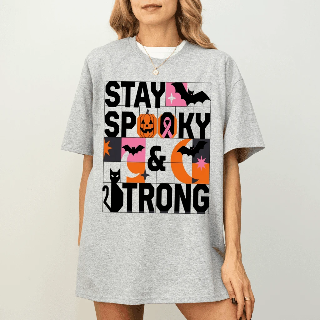 Stay Spooky Breast Cancer Awareness T-shirt | Pink Ribbon Strong Halloween Gift for Her - detail view