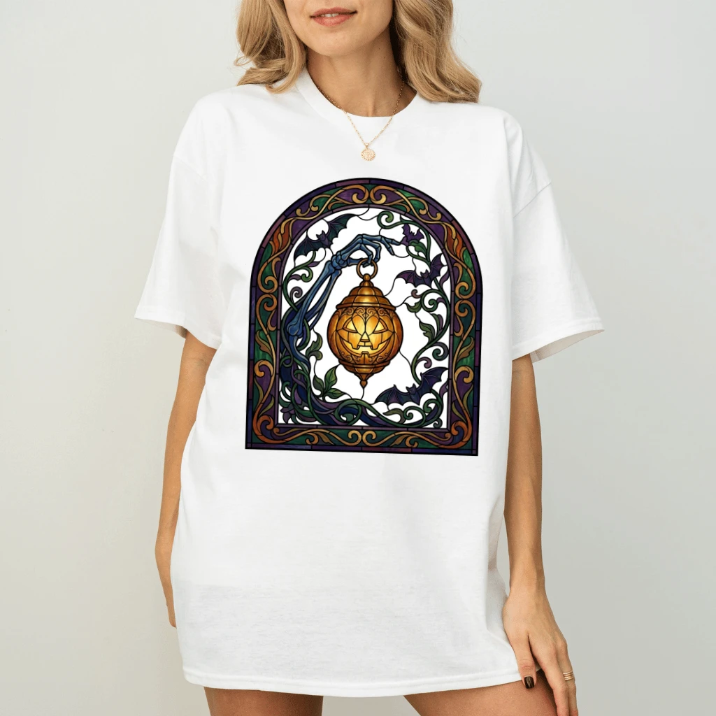 Stained Glass Lantern Skeleton Hand Gothic Halloween T-shirt | Spooky Season Gift for Her - back view