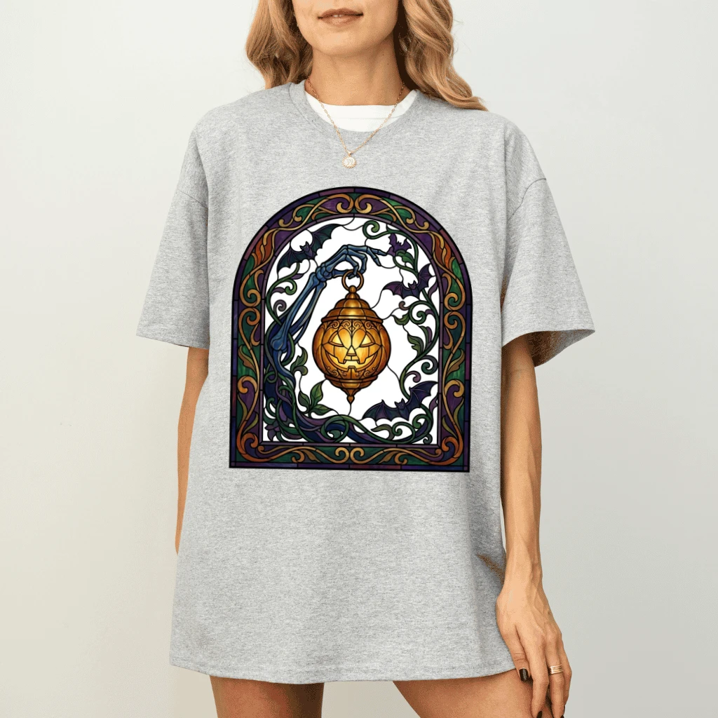 Stained Glass Lantern Skeleton Hand Gothic Halloween T-shirt | Spooky Season Gift for Her - detail view