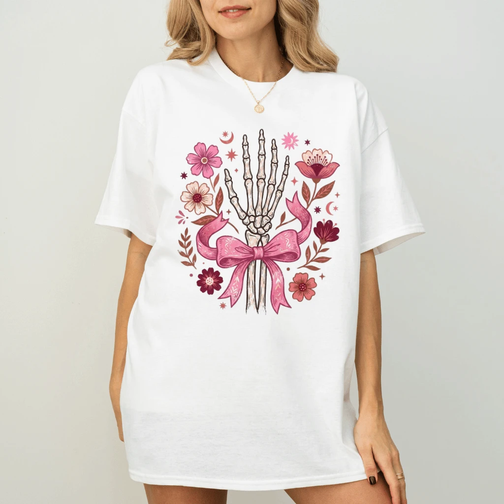 Skeleton Hand Pink Bow Breast Cancer Awareness T-shirt| Pink Halloween Gift for Her - back view
