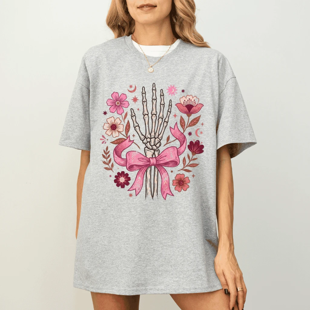 Skeleton Hand Pink Bow Breast Cancer Awareness T-shirt| Pink Halloween Gift for Her - detail view