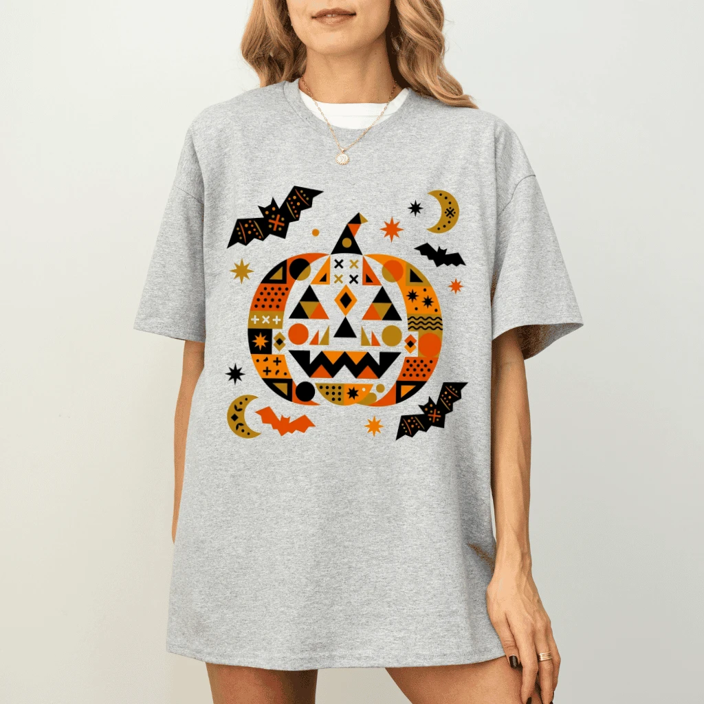 Geometric Pumpkin Halloween T-Shirt| Spooky Season Gift for Her - detail view