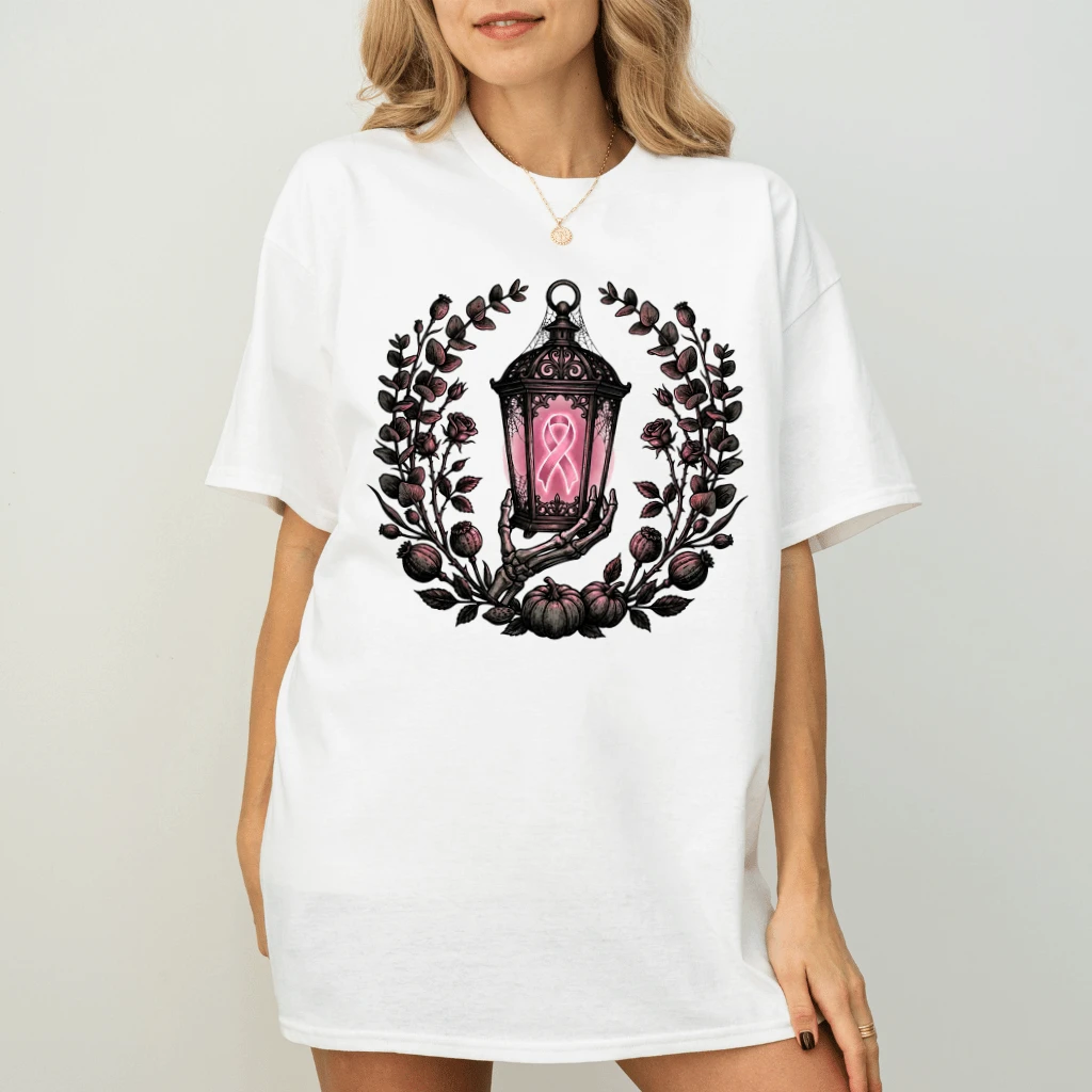 Gothic Pink Ribbon Lantern Breast Cancer Awareness T-shirt| Halloween Gift for Breast Cancer Fighter - back view