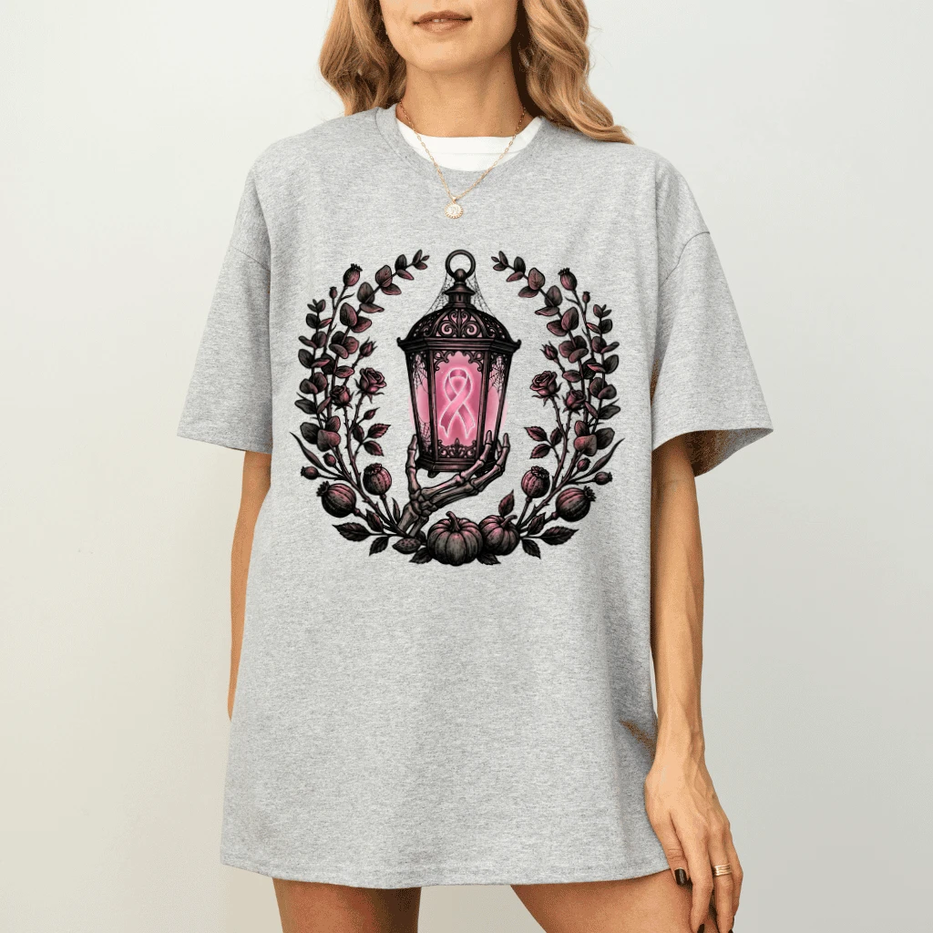 Gothic Pink Ribbon Lantern Breast Cancer Awareness T-shirt| Halloween Gift for Breast Cancer Fighter - detail view