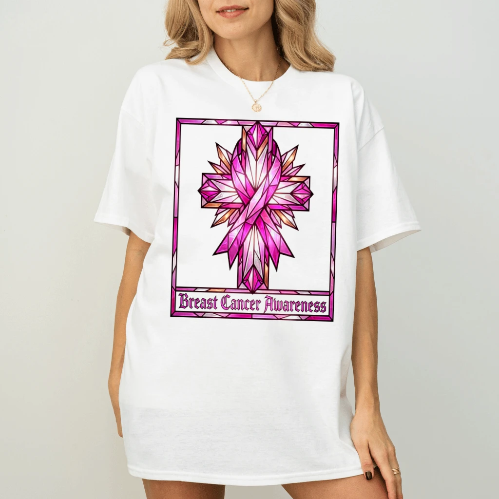 Pink Ribbon Crystal Cross Breast Cancer Awareness T-shirt| Christian Faith Gift for Breast Cancer Survivor - back view