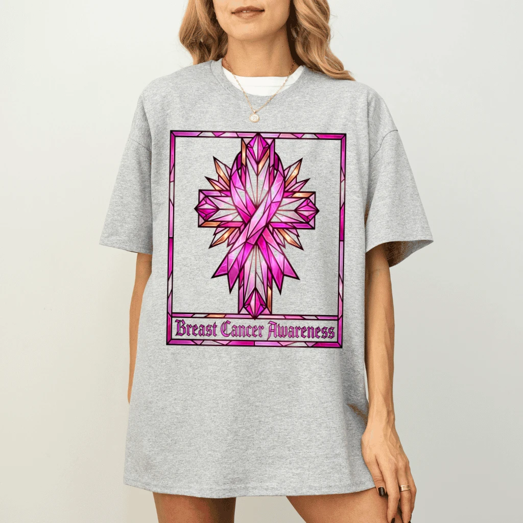 Pink Ribbon Crystal Cross Breast Cancer Awareness T-shirt| Christian Faith Gift for Breast Cancer Survivor - detail view