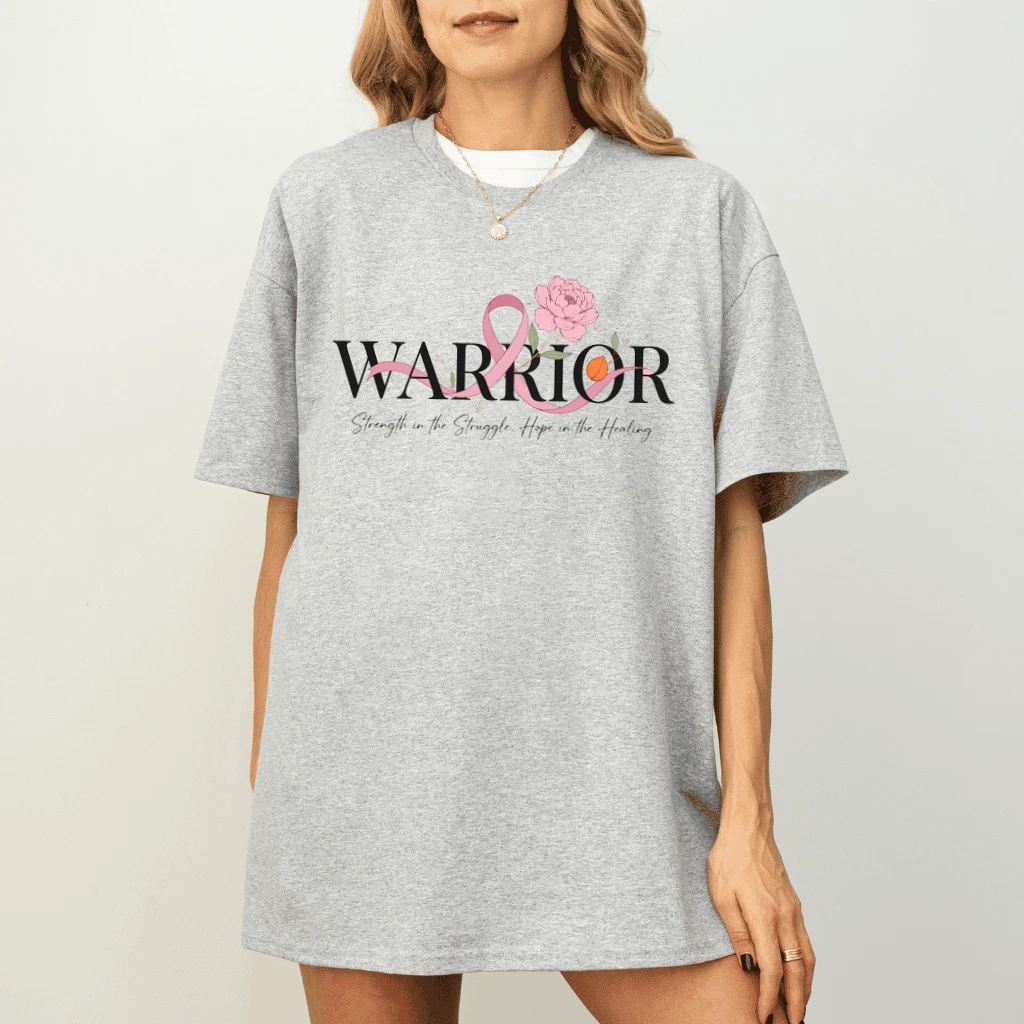 Pink Ribbon Floral Warrior Breast Cancer Awareness T-shirt for women - detail view