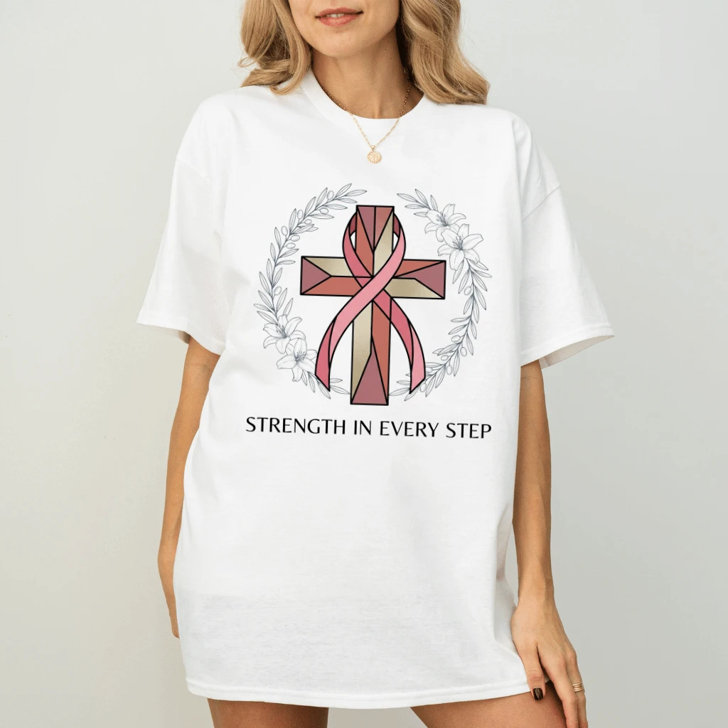 Strength In Every Step Christian Cross Pink Ribbon T-shirt | Breast Cancer Awareness Gift for Her - back view