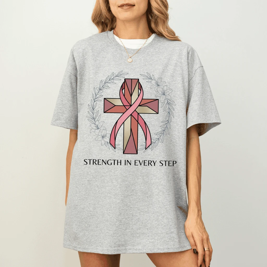 Strength In Every Step Christian Cross Pink Ribbon T-shirt | Breast Cancer Awareness Gift for Her - detail view
