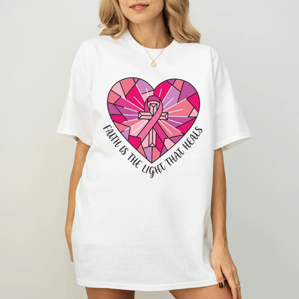 Faith Is Light That Heals Pink Heart Breast Cancer T-shirt| Ideal Gift for Breast Cancer Fighter - back view