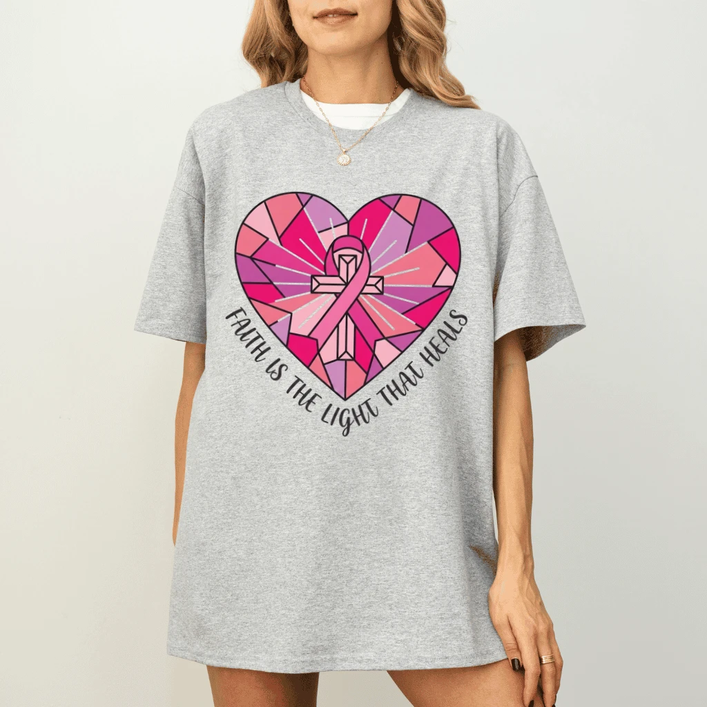 Faith Is Light That Heals Pink Heart Breast Cancer T-shirt| Ideal Gift for Breast Cancer Fighter - detail view