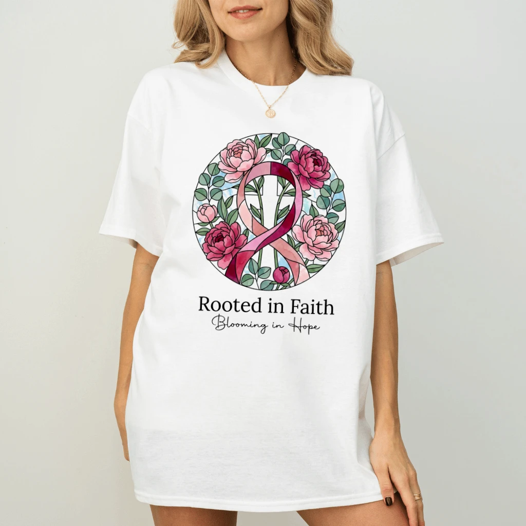 Rooted in Faith Hope Love Pink Ribbon T-shirt| Floral Christian Gift for Breast Cancer Fighter - back view