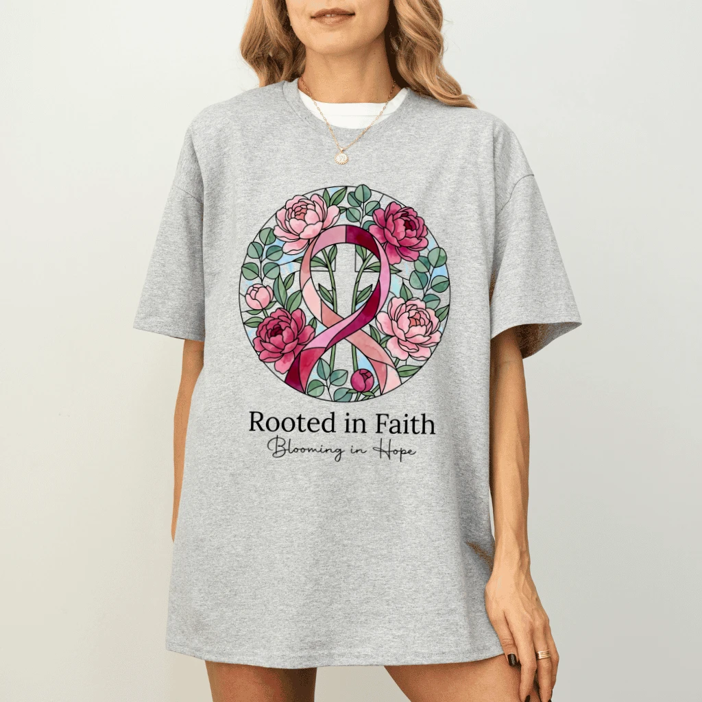 Rooted in Faith Hope Love Pink Ribbon T-shirt| Floral Christian Gift for Breast Cancer Fighter - detail view