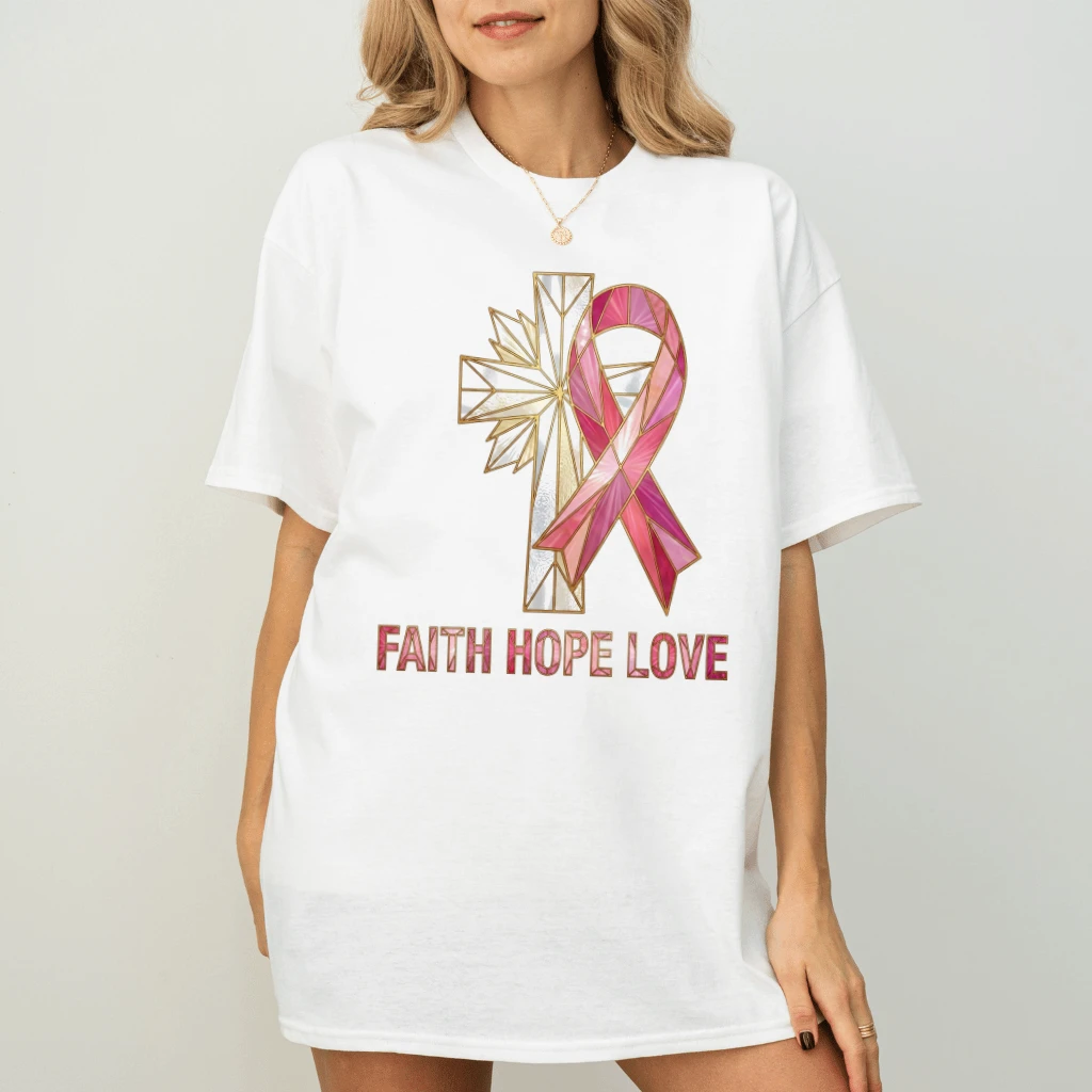 Stained Glass Faith Hope Love Pink Ribbon T-shirt| Breast Cancer Survivor Gift for Her - back view