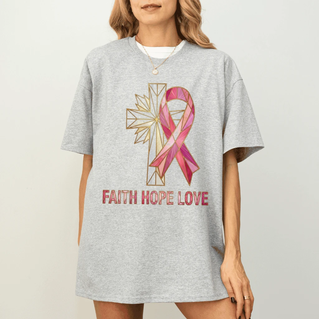 Stained Glass Faith Hope Love Pink Ribbon T-shirt| Breast Cancer Survivor Gift for Her - detail view