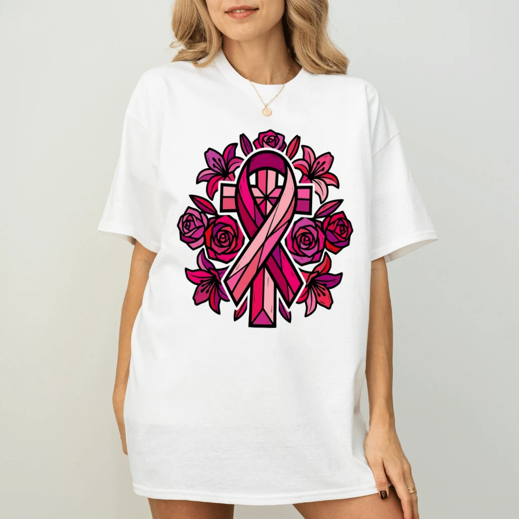 Pink Roses Christian Breast Cancer T-shirt| Pink Ribbon Faith Gift for Her - back view