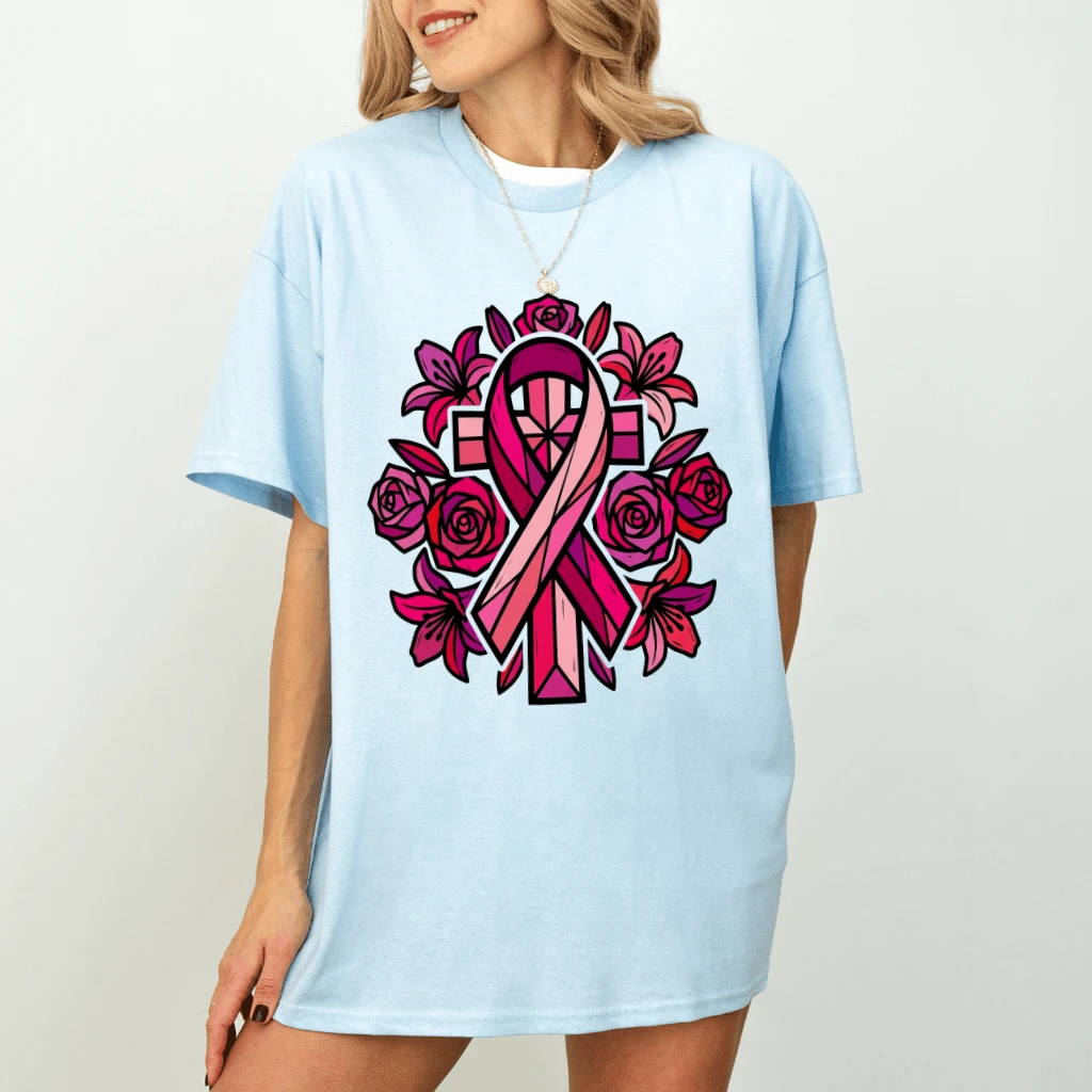 Pink Roses Christian Breast Cancer T-shirt| Pink Ribbon Faith Gift for Her - detail view