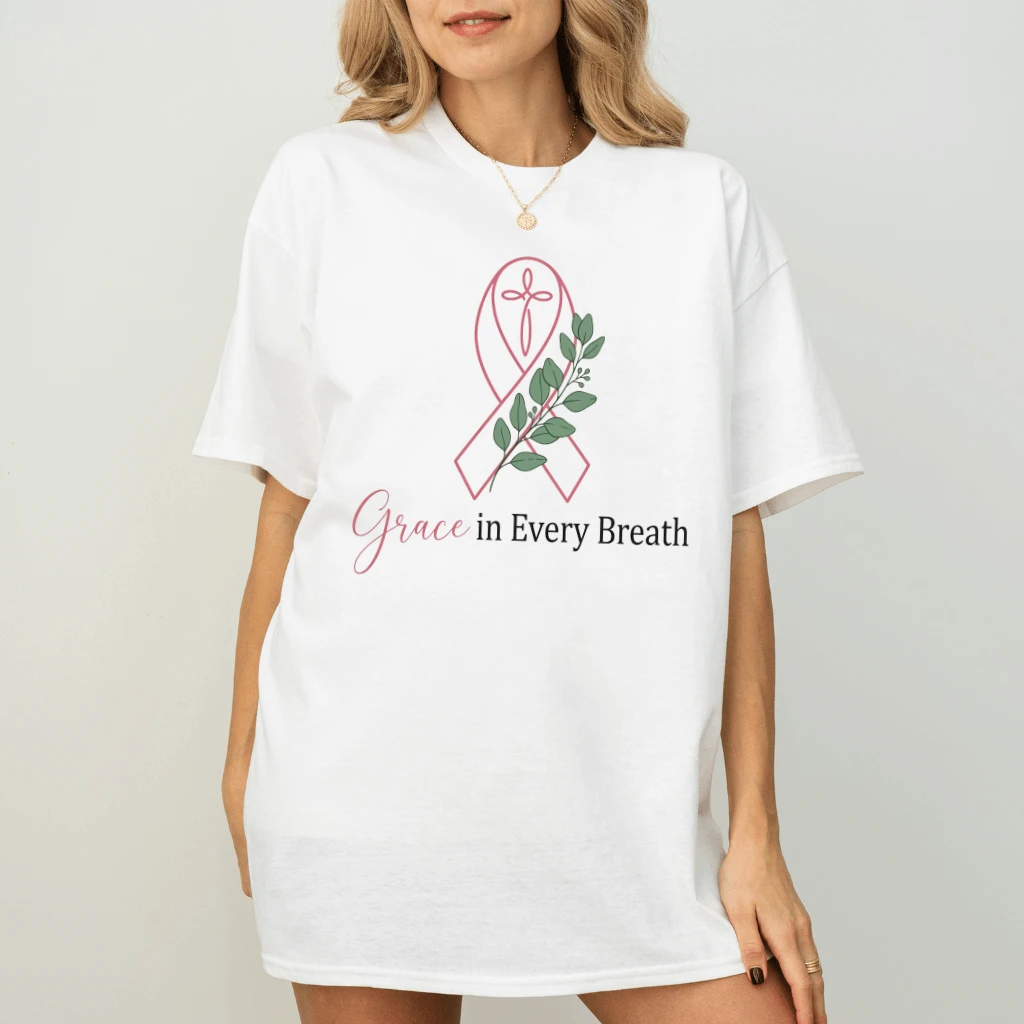 Grace In Every Breath Pink Ribbon Christian T-shirt| Breast Cancer Awareness Gift for Her - back view