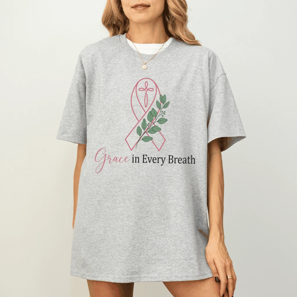Grace In Every Breath Pink Ribbon Christian T-shirt| Breast Cancer Awareness Gift for Her - detail view
