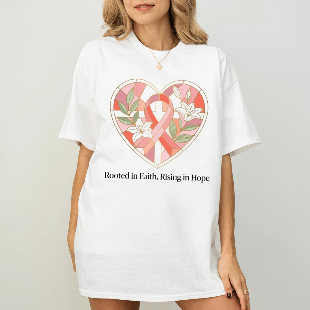 Rooted In Faith Rising In Hope Pink Ribbon T-shirt | Floral Heart Breast Cancer Survivor Gift for Her - back view