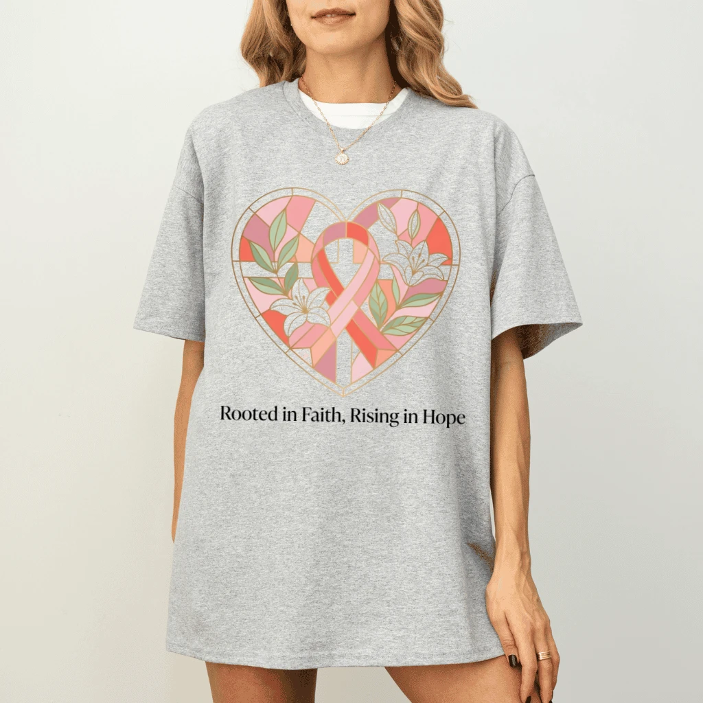 Rooted In Faith Rising In Hope Pink Ribbon T-shirt | Floral Heart Breast Cancer Survivor Gift for Her - detail view