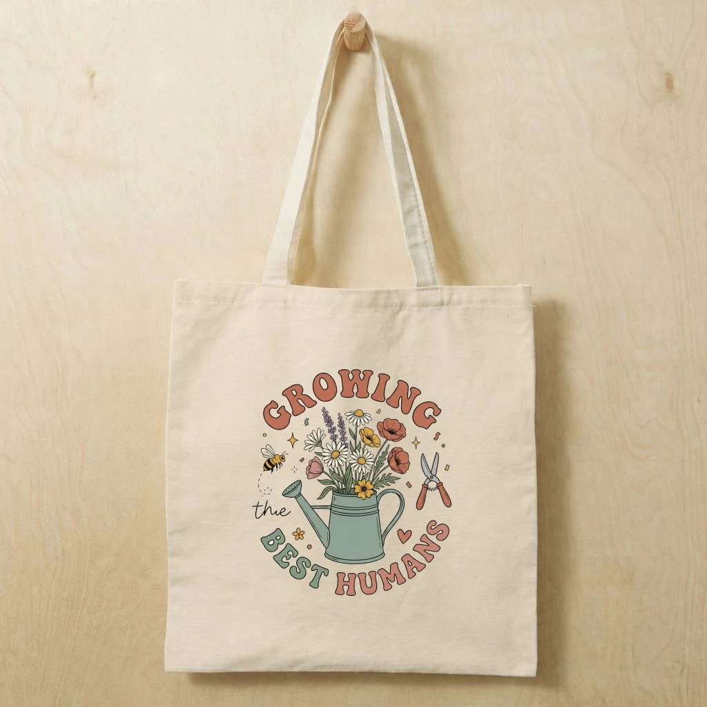 Growing The Best Humans Cotton tote bag – Gift for Mom Retro Gardening Mama - front view