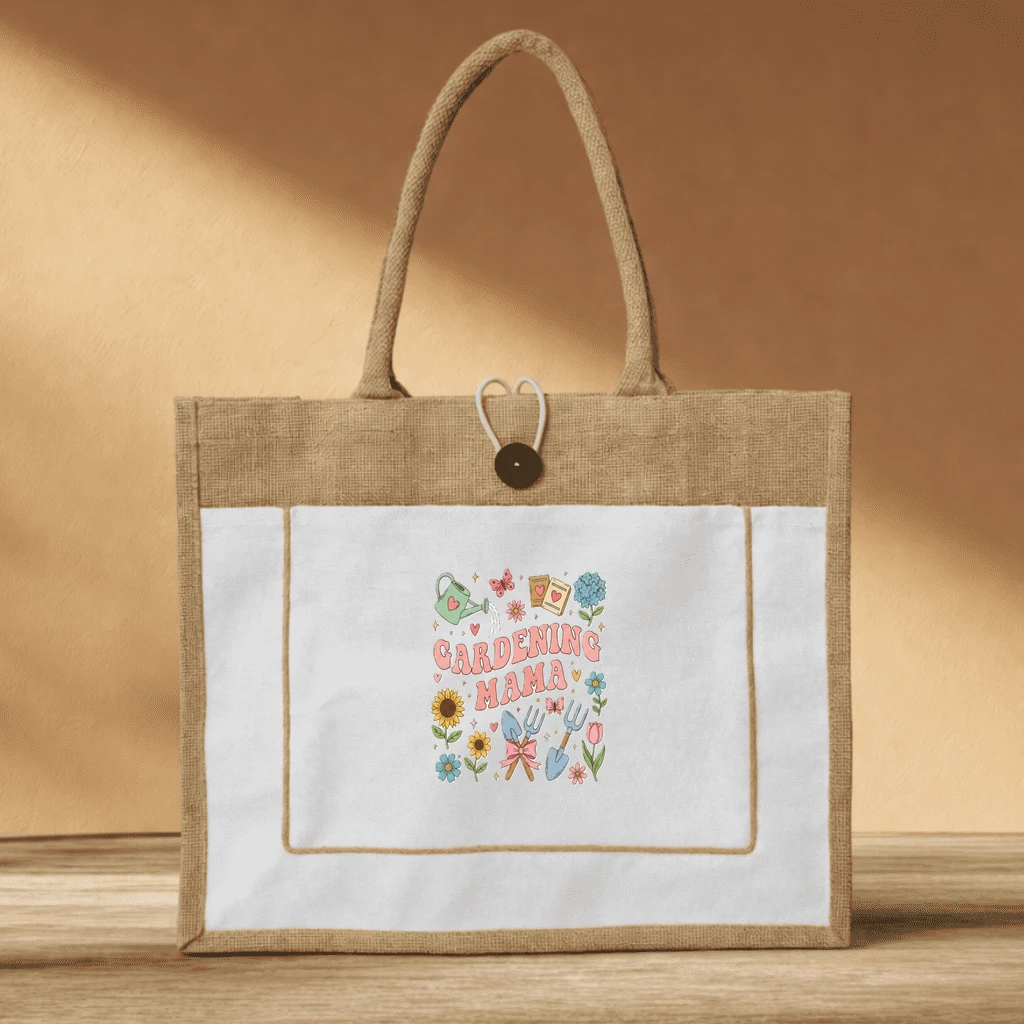 Gardening Mama Jute tote bag – Mother's Day Gift for Plant Mom Retro Groovy - front view