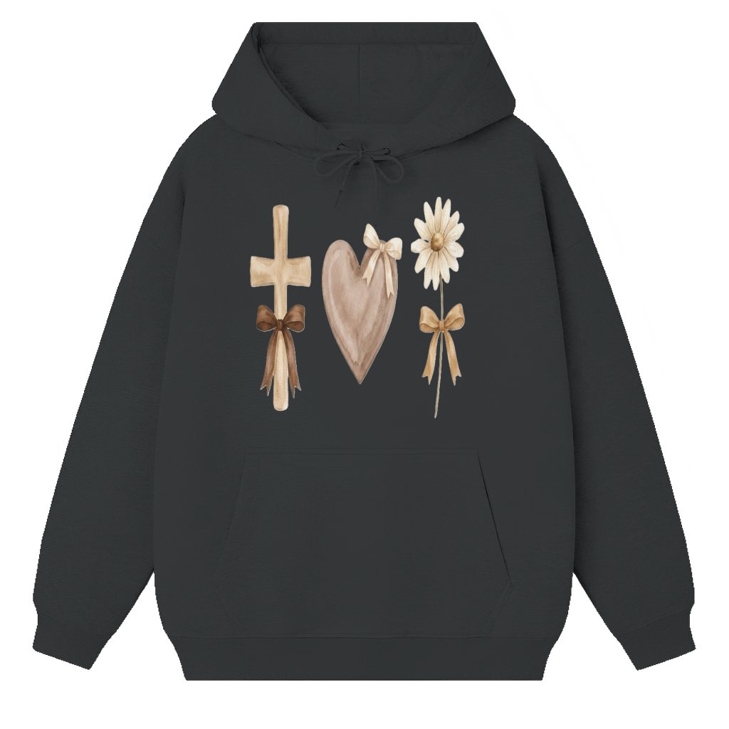 Faith Love Hope Hoodie – Christian Gift Watercolor Boho Cross Heart Daisy - front view