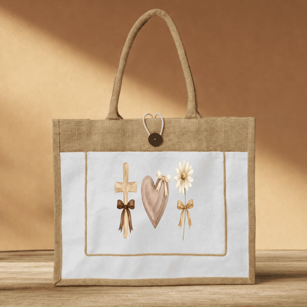 Faith Love Hope Jute tote bag – Christian Gift for Women Watercolor Boho - front view