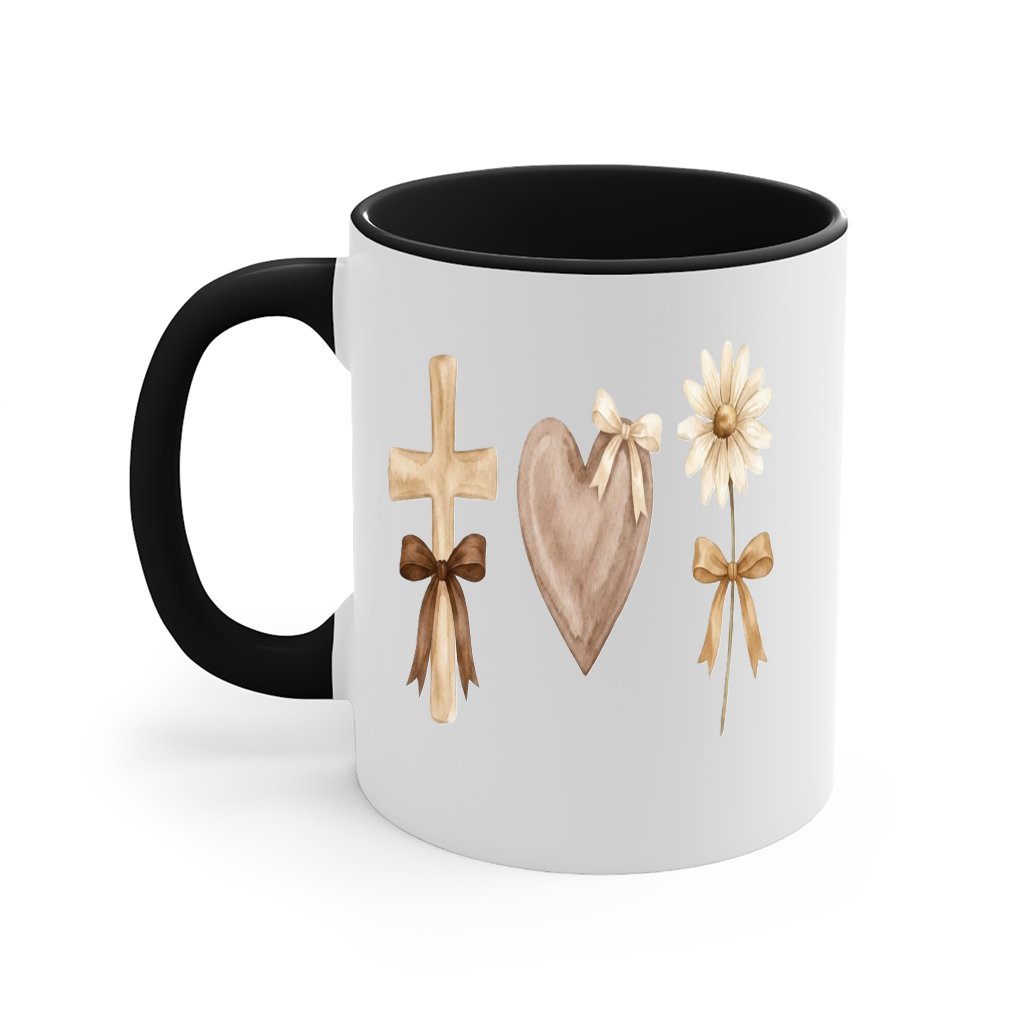 Faith Love Hope Accent Mug – Christian Gift for Women Cross Heart Daisy Watercolor Boho - front view