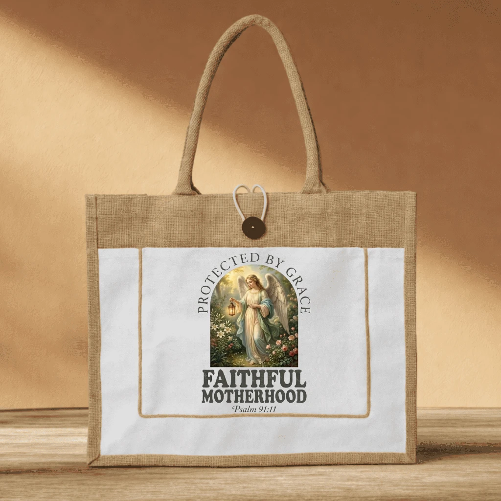 Faithful Motherhood Protected by Grace Jute Tote – Eco Religious Gift for Her - front view