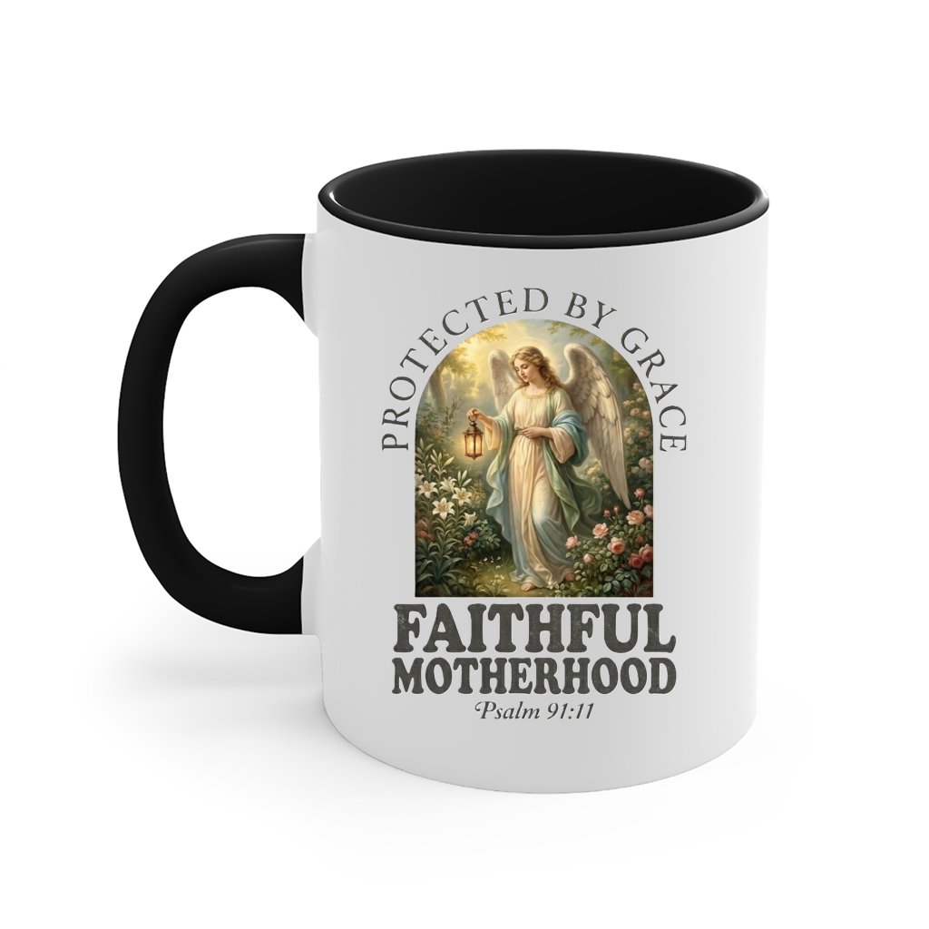 Faithful Motherhood Protected by Grace Accent Mug – Religious Scripture Gift - front view