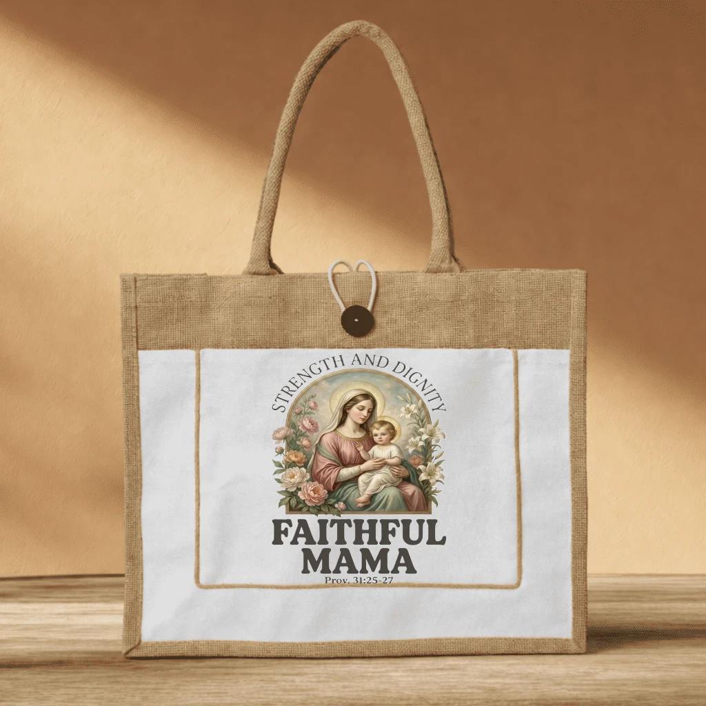 Faithful Mama Strength Dignity Jute Tote – Eco Christian Gift for Mama - front view