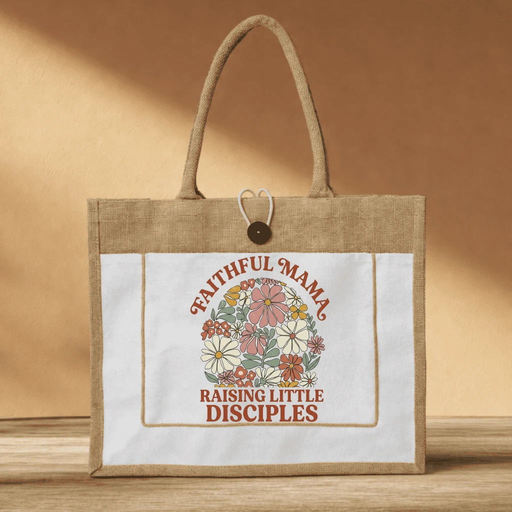 Heavenly Motherhood Strength and Honor Jute Tote – Eco Religious Gift for Mama - front view