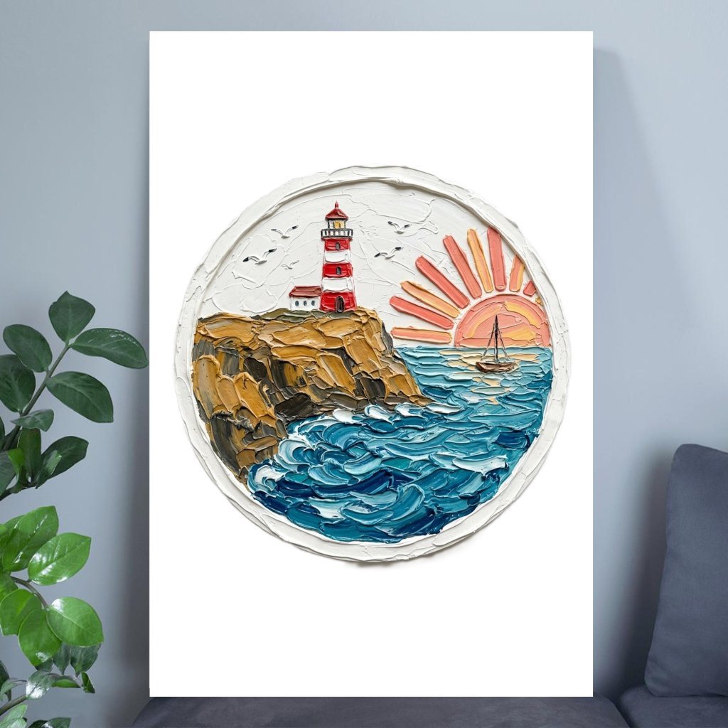 Lighthouse Sunset Impasto Oil Painting Poster – Coastal Wall Art Decor - front view