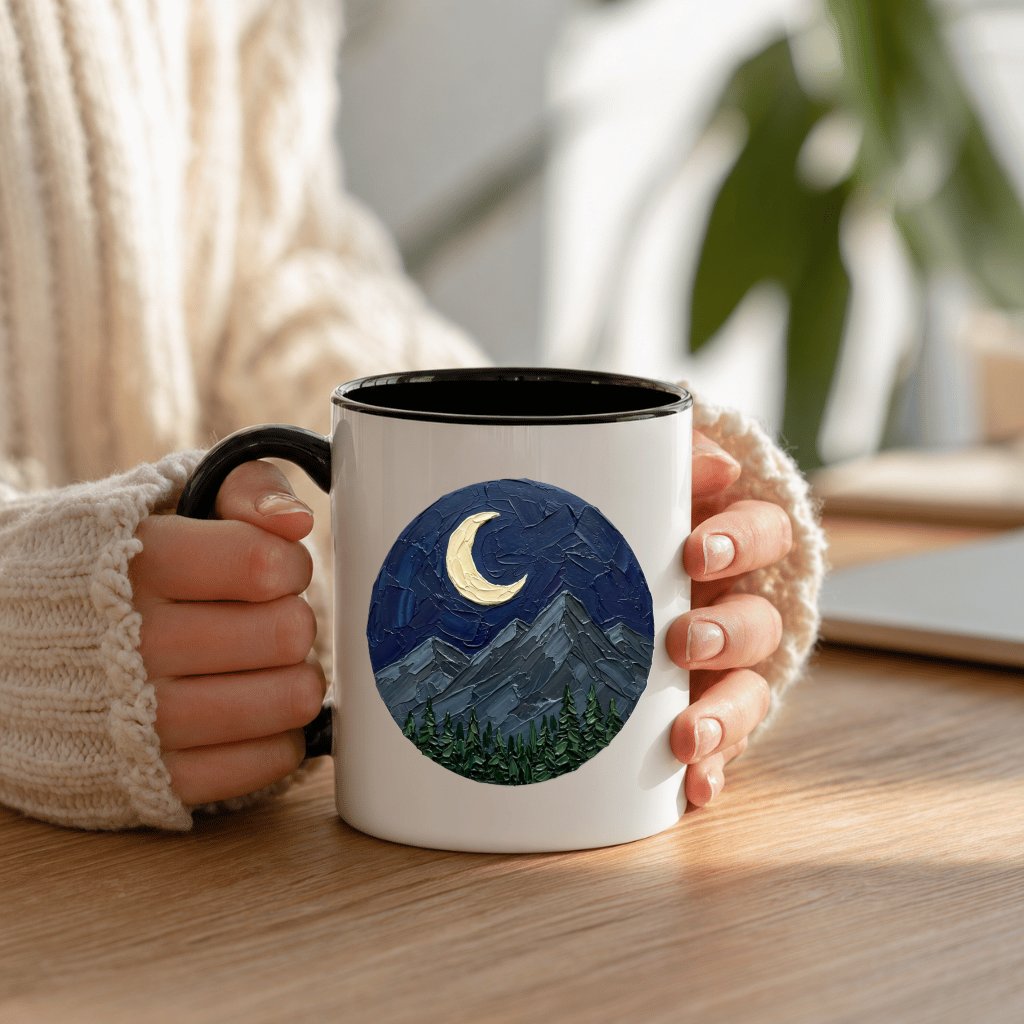 Midnight Mountain Moon Impasto Art Accent Mug – Textured Mountain Home Decor - detail view