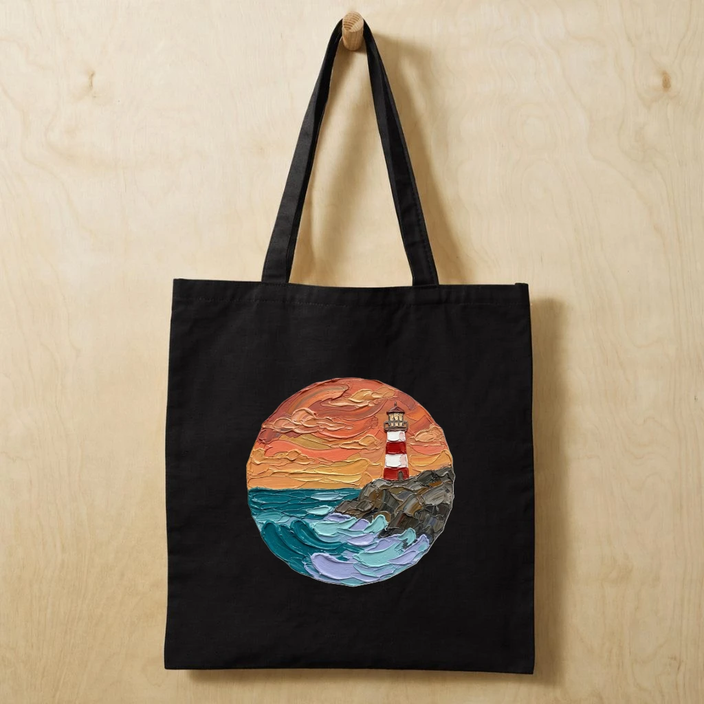 Modern Lighthouse Sunset Glow Impasto Art Cotton Tote – Canvas Beach Bag - front view