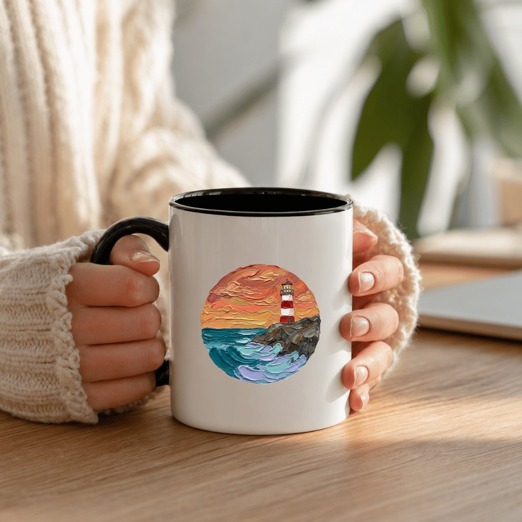 Modern Lighthouse Sunset Glow Impasto Art Accent Mug – Nautical Home Decor - back view